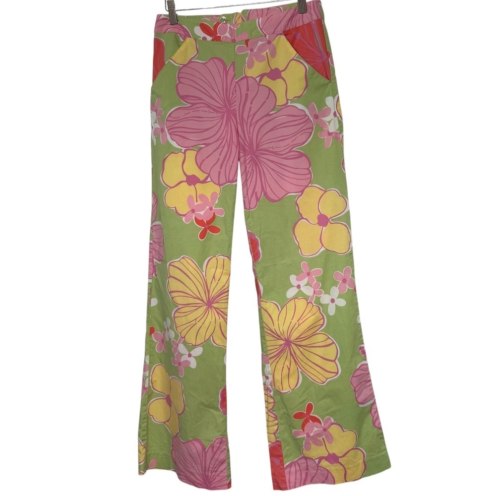 Lilly Pulitzer Womens 4 Floral Pants Green Pink Yellow Wide Leg Flare Cotton